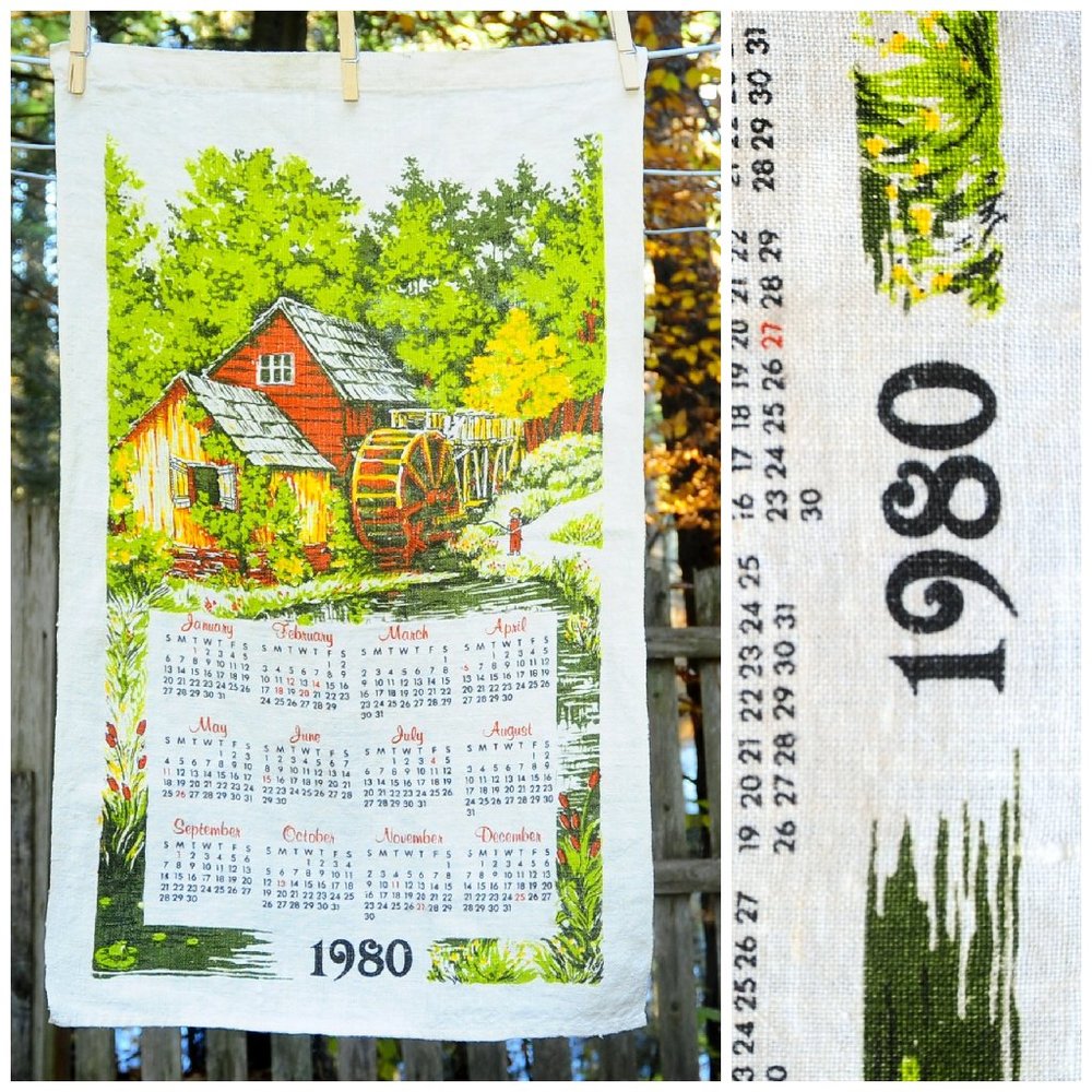 VTG 1980 Watermill w/ Boy Fishing in Summer Calendar Towel Birthday Anniversary